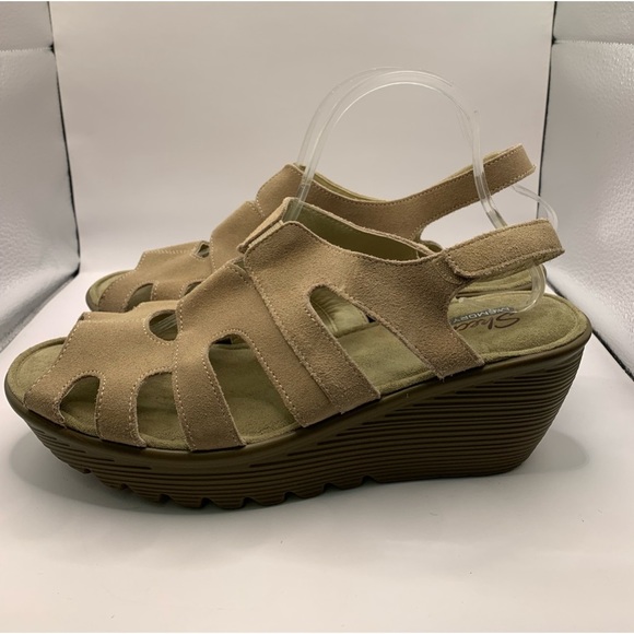 Skechers Memory Foam Slingback Platform Wedge Beige Suede Sandals Women's Sz10 - Picture 1 of 8